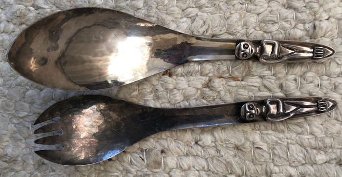 SALAD SERVERS HAND BEATEN VINTAGE KWAKLUTI TOTEM CANADA