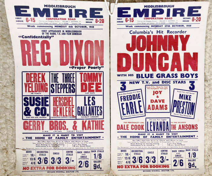 POSTERS PAIR ORIGINAL LARGE VINTAGE MIDDLESBROUGH EMPIRE VARIETY SHOWS LIVE GIGS & ROCK BANDS 1950`s