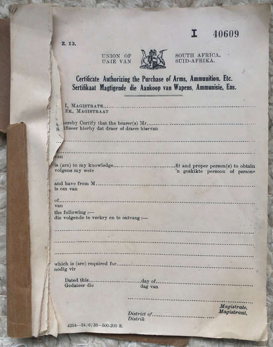 CERTIFICATE BOOK VINTAGE UNION OF SOUTH AFRICA AUTHORISING PURCHASE OF ARMS, AMMUNITION, ETC