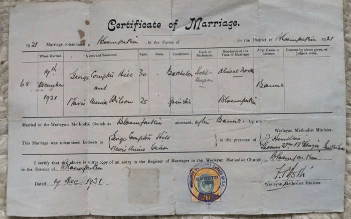 CERTIFICATE OF MARRIAGE 1921 WITH UNION OF SOUTH AFRICA REVENUE STAMP
