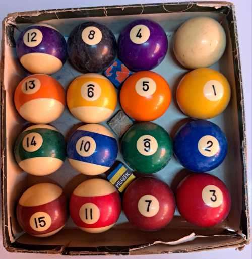 VINTAGE VERY-OLD FULL SET OF POOL-BALLS  SIZE 2 INCHES 51MM  USED???