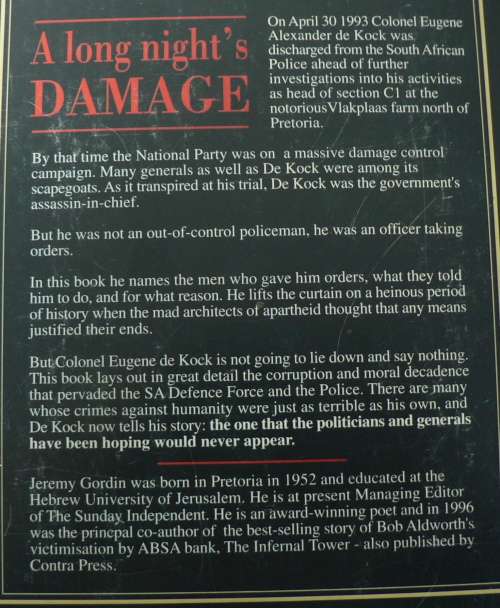 Eugene de Kock, A long night`s damage as told to Jeremy Gordin