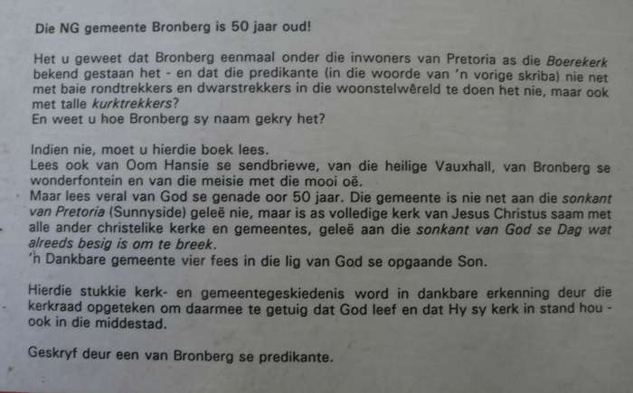 Sonkant, Bronberg 1942-1992 1914-1989, die verhaal van die Bronberg kerk in Pretoria