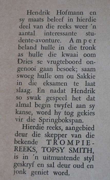 Hendrik Hofmann, Springboksenter deur Topsy Smith (baie skaars)