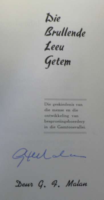Die brullende leeu getem deur G.F. Malan (Kouga- kontreigeskiedenis)(geteken deur skrywer)