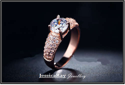 18k Rose Gold Plated "Bijoux" Ring with Solitaire Cubic Zirconia - USA SIZE 7