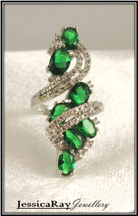 CZ Emerald and White Topaz  Cluster Silver Ring - USA SIZE 6
