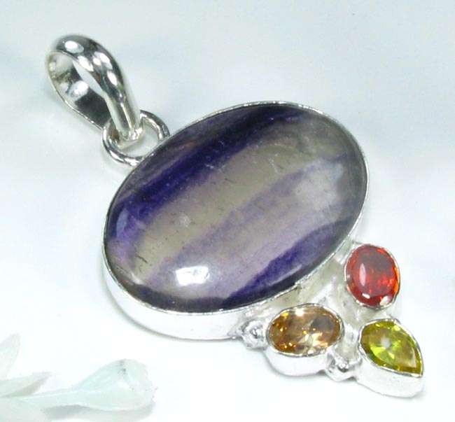 FLUORITE, CITRINE & CRYSTAL .925 SILVER PENDANT