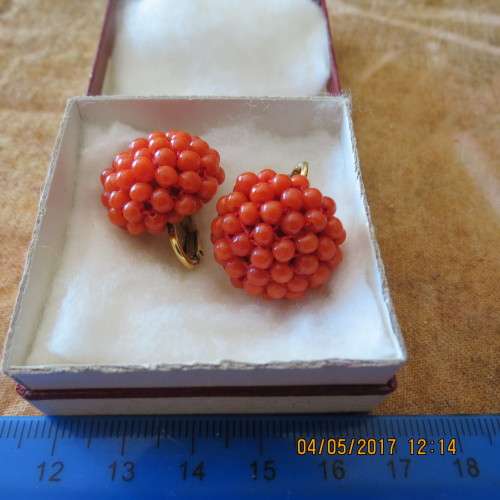 Pair of clip on coral and gold earrings, as per photo