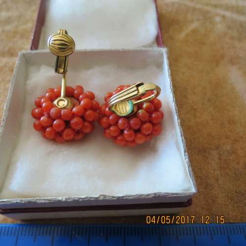 Pair of clip on coral and gold earrings, as per photo
