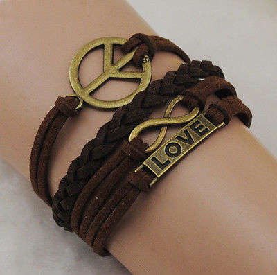 Cute Infinity Peace Love Antique Bronze Velvet Leather Bracelet