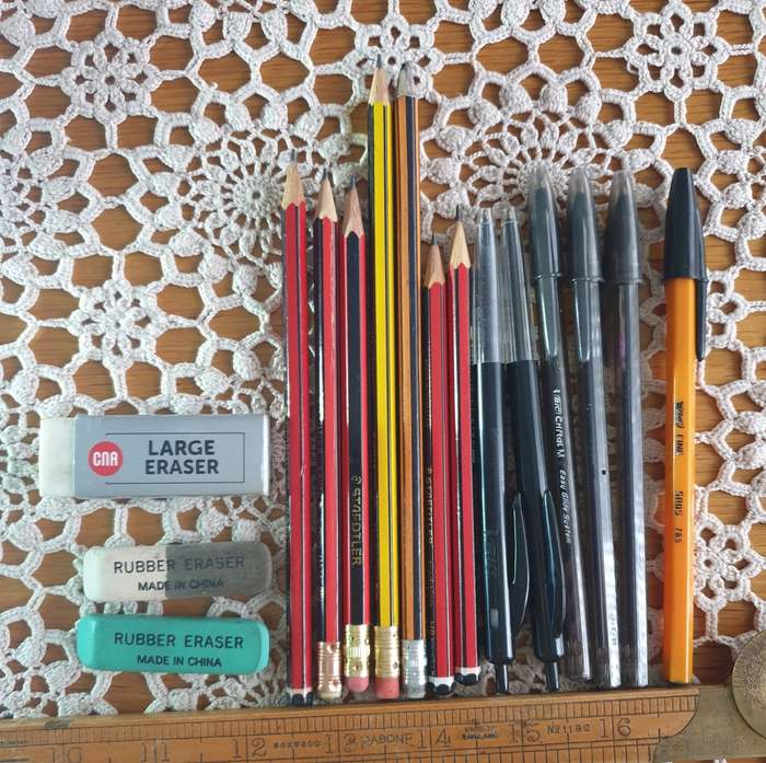 BOX  WITH PENCILS  ETC
