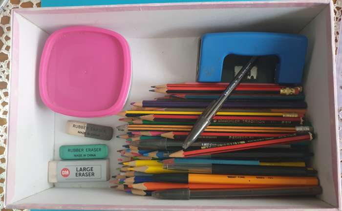 BOX  WITH PENCILS  ETC