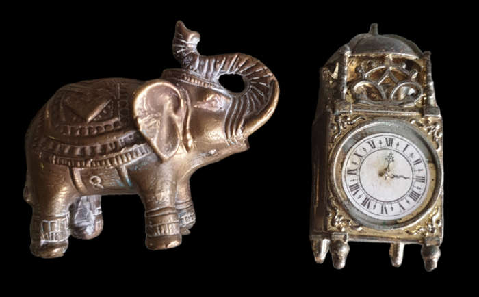 SOLID BRASS ELEPHANT AND CAST METAL CLOCK | PRINTERS TRAY | ORNAMENTS | DECOR | HOME