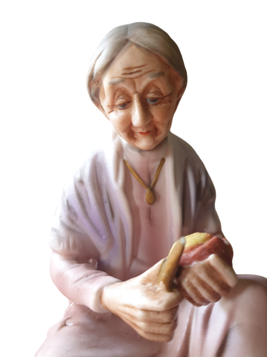 Vintage Ceramic Elderly Woman Sitting Peeling An Apple | Bisque Porcelain |