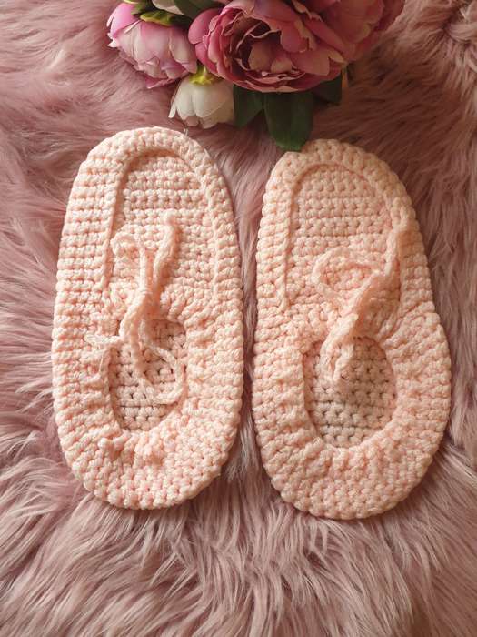 Handmade Crochet Slippers In Pink - SIZE 5-6 ADULT