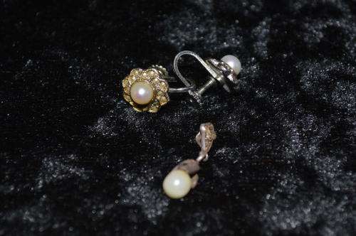 Very pretty ` faux pearl` and marcasite silver toned earrings and pendant set