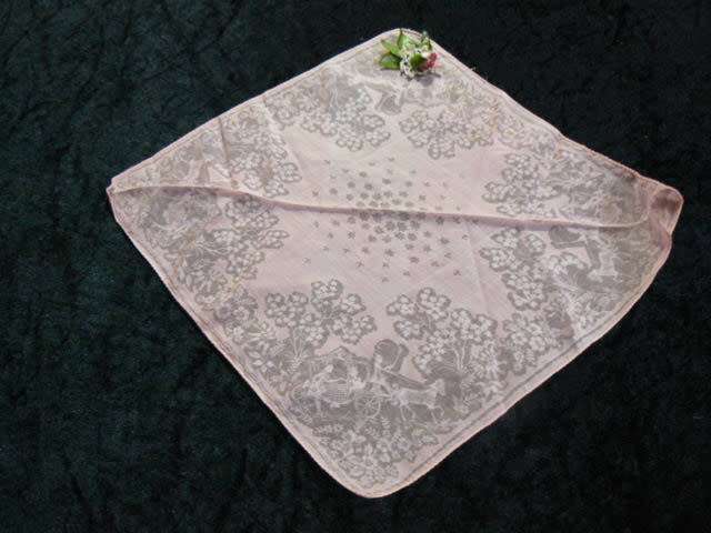 HANKIE PINK VINTAGE COTTON WITH CINDERELLA AND COATCH PRINT LOVELY