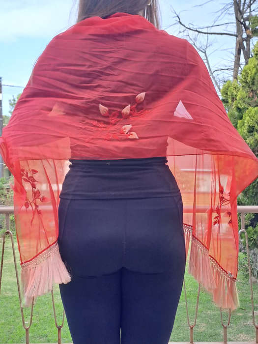 Vintage like embroidered and flowers red chiffon tasseled shawl