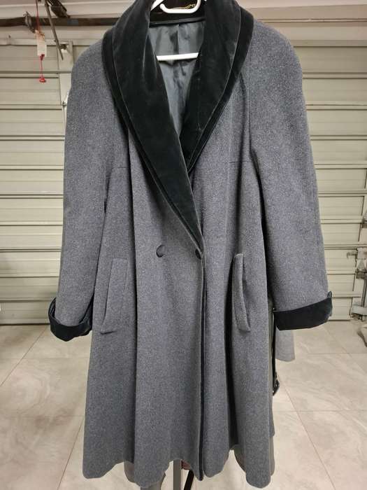 Vintage Wool Coat - Dark Grey with Black Velvet Collar & Cuffs - Size L