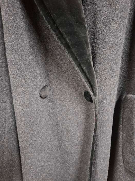 Vintage Wool Coat - Dark Grey with Black Velvet Collar & Cuffs - Size L