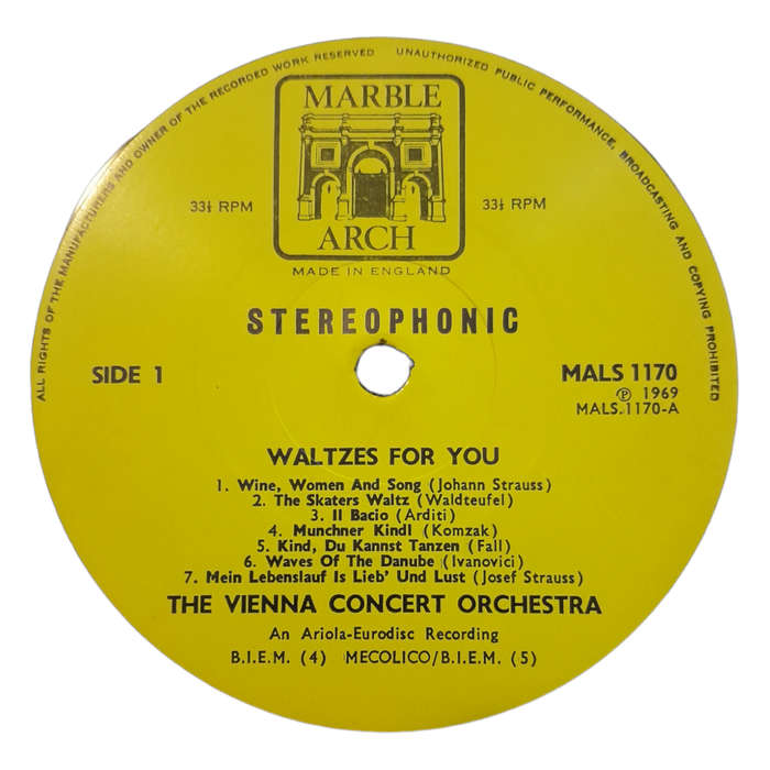 1969 The Vienna Concert Orchestra - Waltzes For You - Vinyl, 7`, 33 RPM - Classical - Very Good - Wi