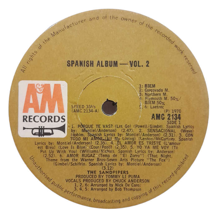 1970 The Sandpipers - Spanish Album / Volume 2 - Vinyl, 7`, 33 RPM - Jazz, Latin - Very Good - With