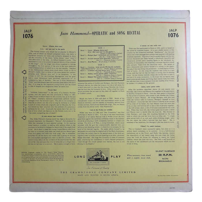 1953 Joan Hammond - Operatic And Song Recital - Vinyl, 7`, 33 RPM - Classical - Very Good - With Cov
