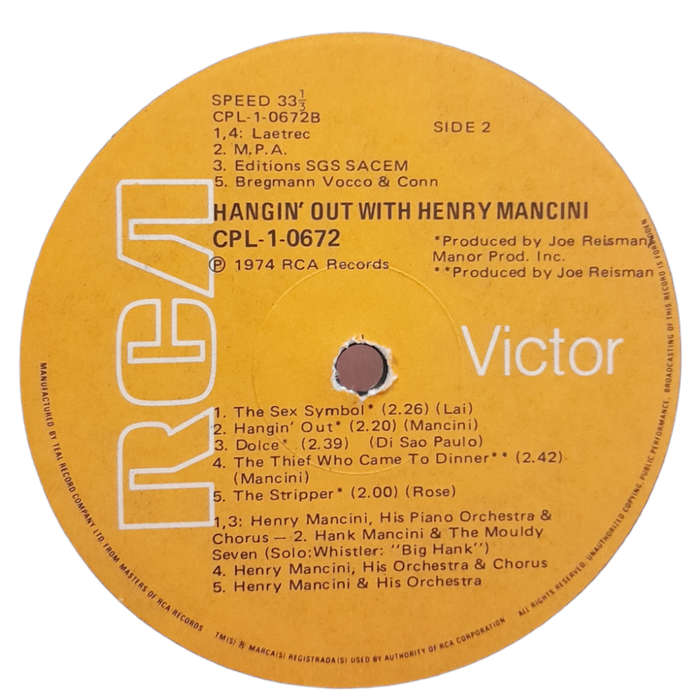 1974 Henry Mancini - Hangin` Out With Henry Mancini - Vinyl, 7`, 33 RPM - Jazz, Pop - Very Good Plus