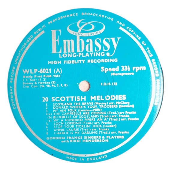 1961 Gordon Franks Singers And Players With Rikki Henderson - 20 Scottish Melodies - Vinyl, 7`, 33 R