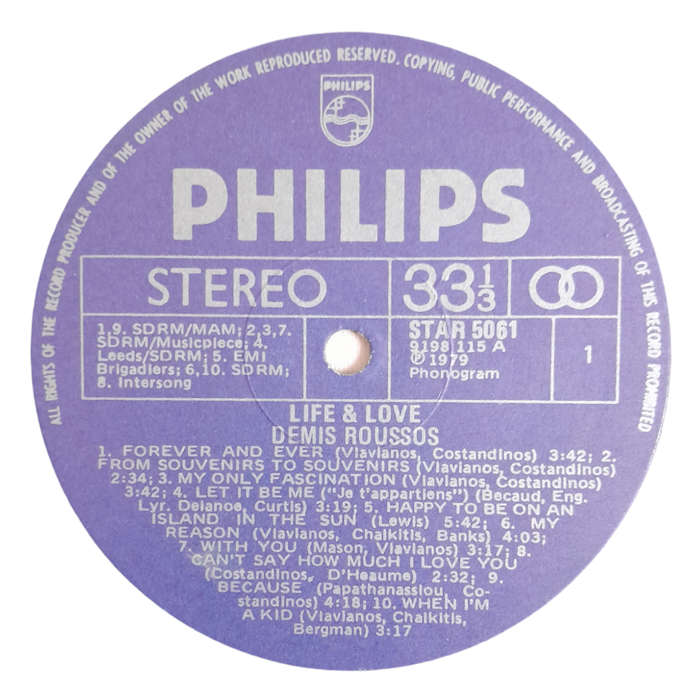 1978 Demis Roussos  Life & Love - Vinyl, 7`, 33 RPM - Pop - Very Good - With Cover