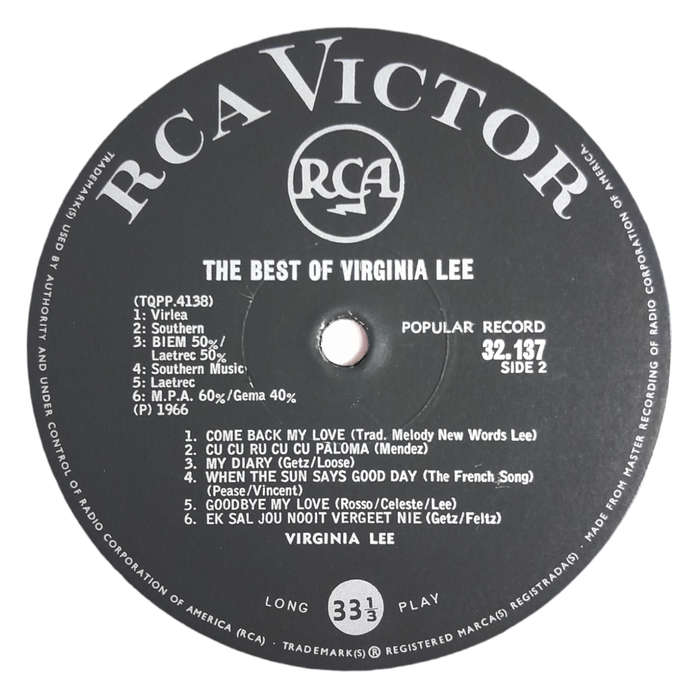 1966 Virginia Lee  The Best Of Virginia Lee - Vinyl, 7`, 33 RPM - Pop - Very Good - With Cover