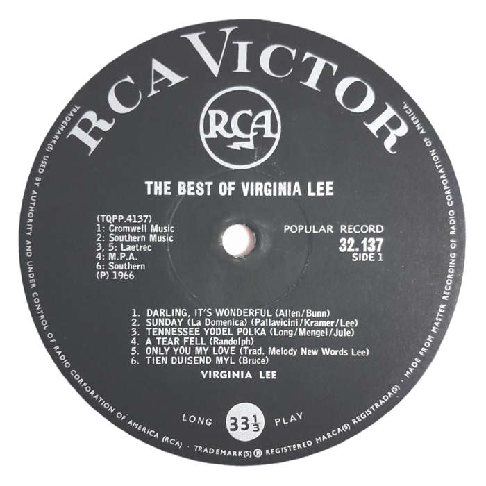 1966 Virginia Lee  The Best Of Virginia Lee - Vinyl, 7`, 33 RPM - Pop - Very Good - With Cover