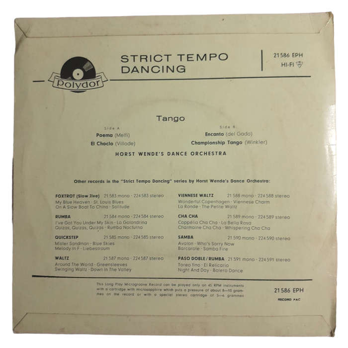 1962 Horst Wende`s Dance Orchestra  Strict Tempo Dancing - Tango - Vinyl, 7`, 45 RPM - Latin - Very