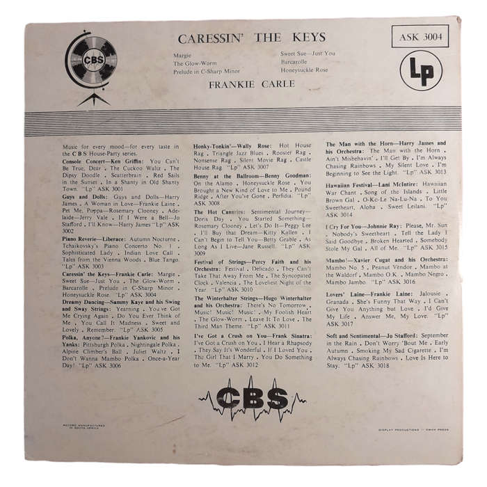 1955 Frankie Carle  Caressin` The Keys - Vinyl, 10`, 33 RPM - Jazz - Very Good - With Damaged Cover