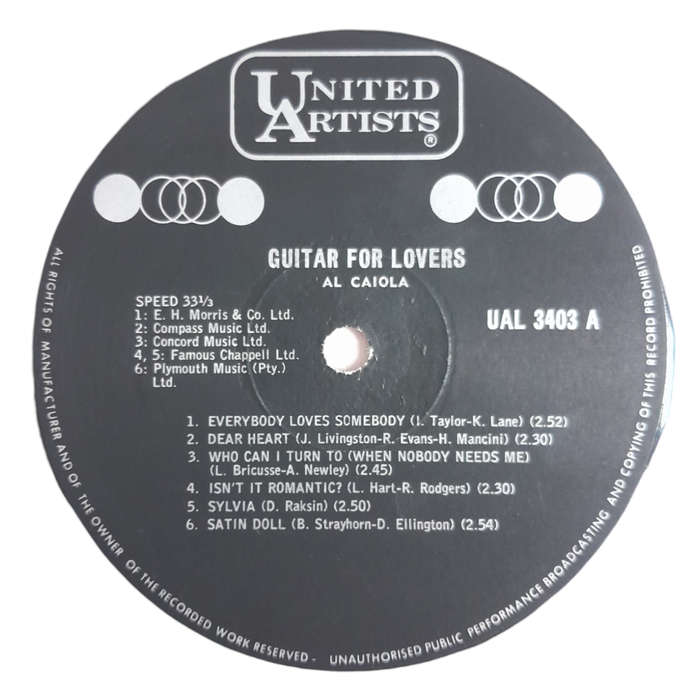 1964 Al Caiola  Guitar For Lovers - Vinyl, 12`, 33 RPM - Jazz - Very Good - With Cover