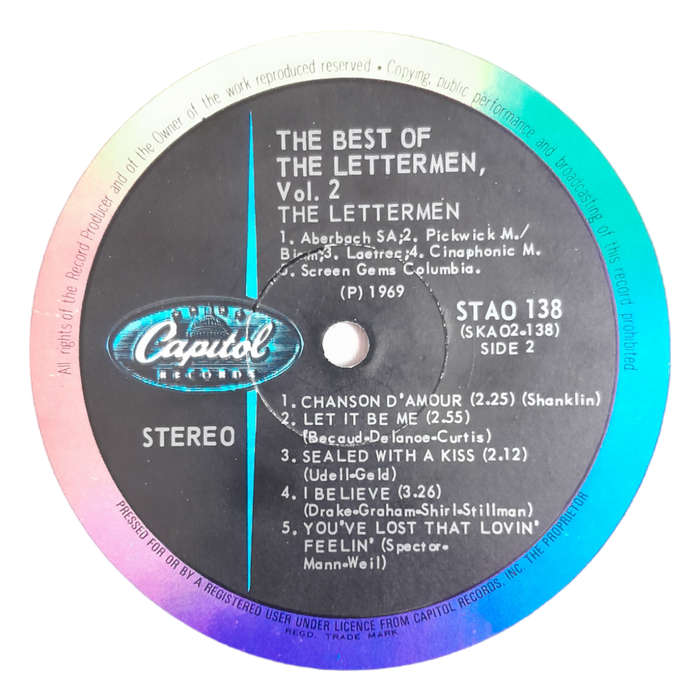 1969 The Lettermen  The Best Of The Lettermen Vol. 2 - Vinyl, 12`, 33 RPM - Pop - Very Good Plus -