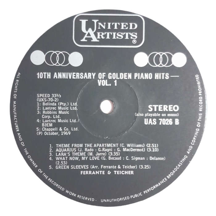1969 Ferrante & Teicher  10th Anniversary Of Golden Piano Hits - Vinyl, 12`, 33 RPM - Jazz - Very G
