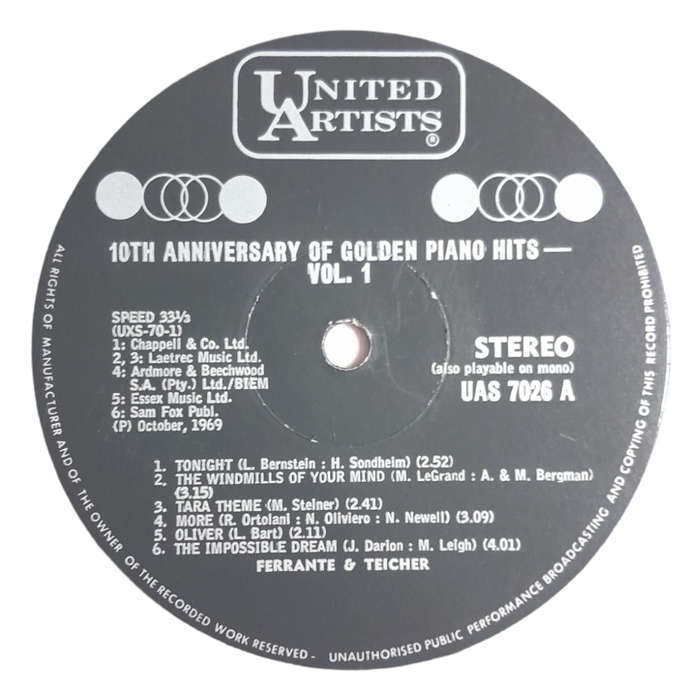 1969 Ferrante & Teicher  10th Anniversary Of Golden Piano Hits - Vinyl, 12`, 33 RPM - Jazz - Very G