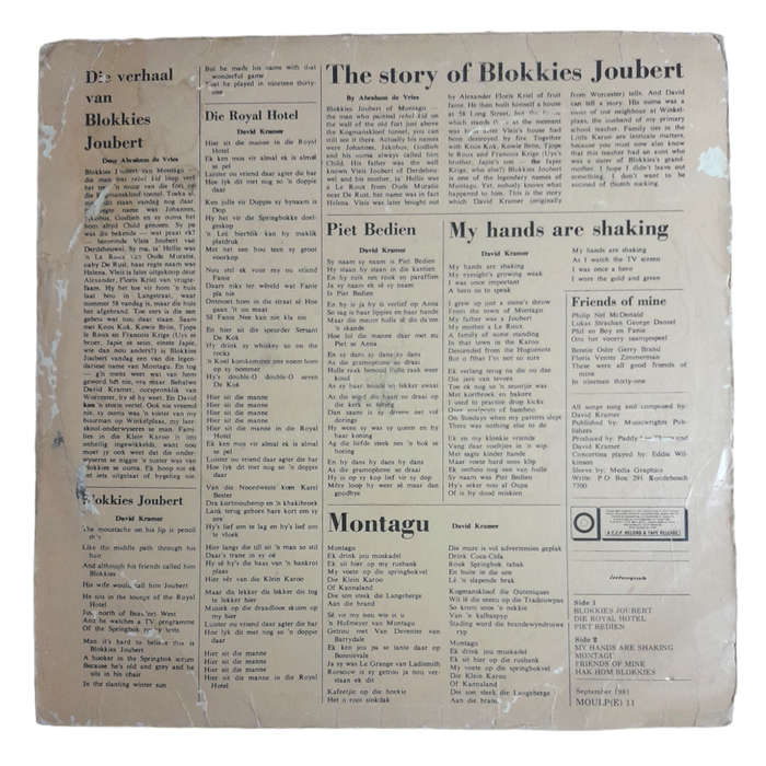 1981 David Kramer - Die Verhaal Van Blokkies Joubert - Vinyl, 12`, 33 RPM - Afrikaans - Very Good -