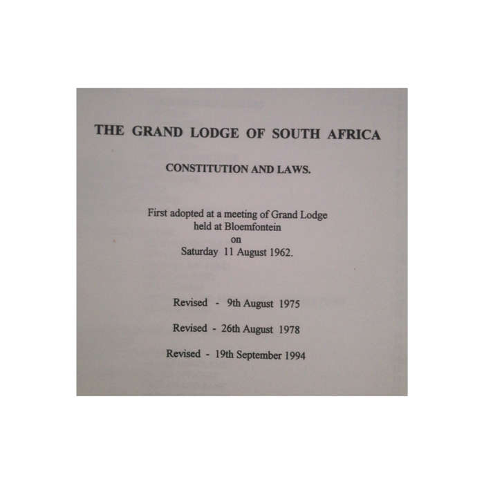 1994 The Grand Lodge Of Southern Africa- Consitution And Laws Hardcover w/o Dustjacket