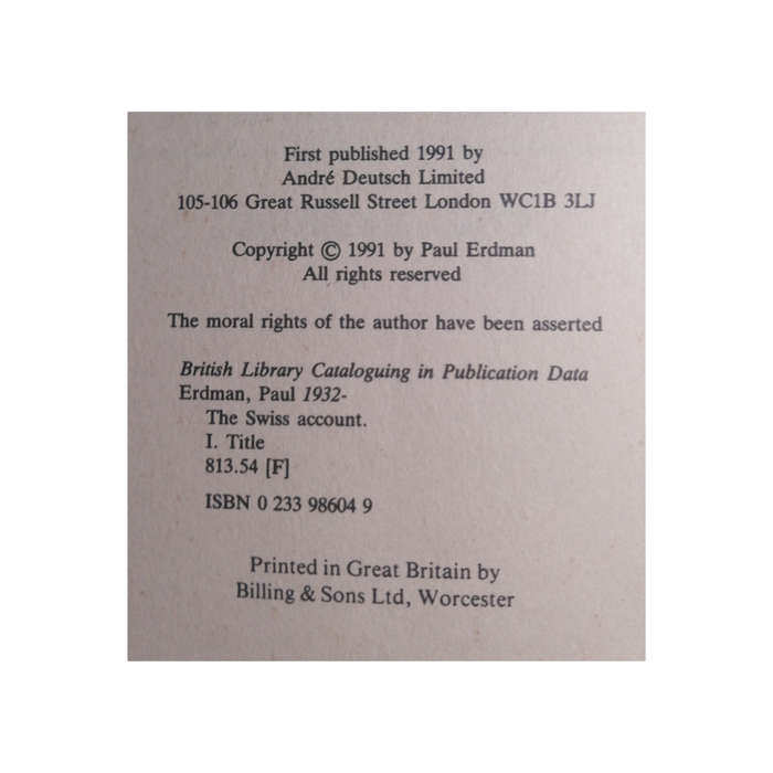 1991 The Swiss Account by Paul Erdman Hardcover w/ Dustjacket