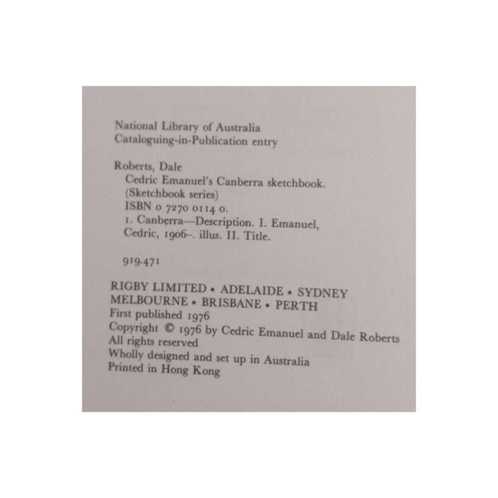 1976 Cedric Emanuel`s Canberra Sketchbook by Cedric Emanuel and Dale Roberts Hardcover w/Dustjacket