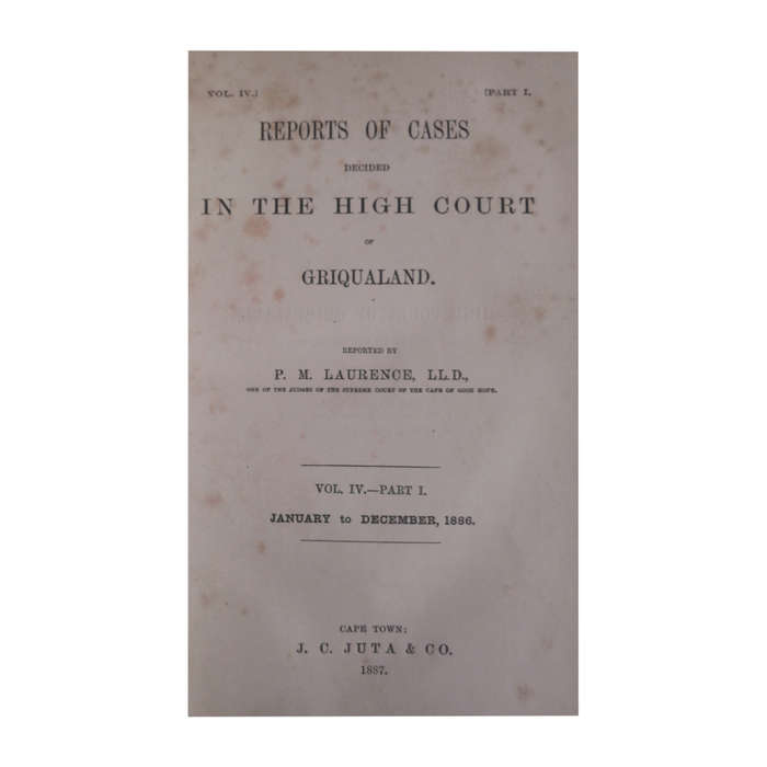 1887 Reports Of Cases Decided In The High Court Of Griqualand Volume 4 Part 1 Hardcover w/o Dustjack