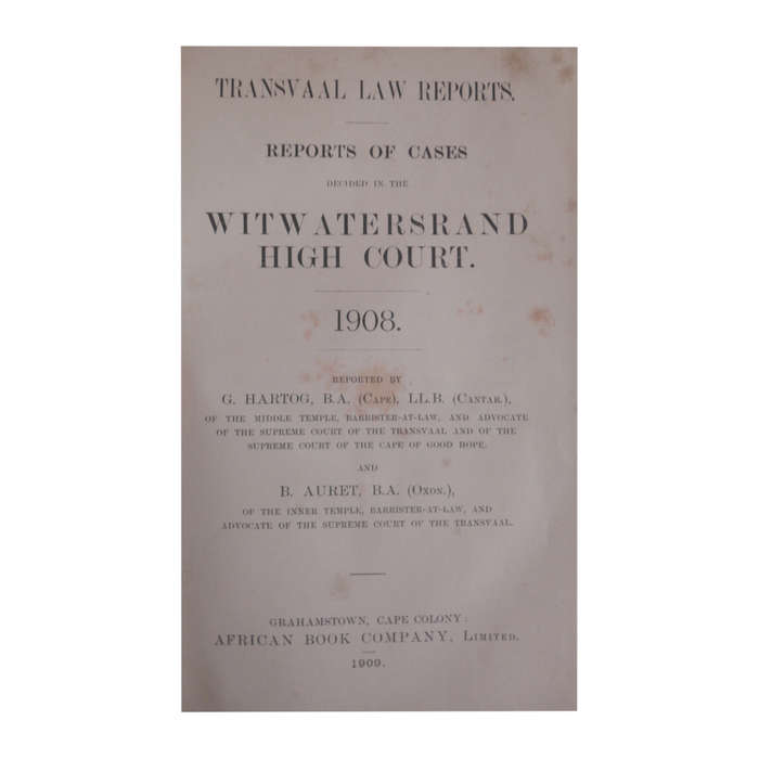 1909 Transvaal Law Reports- Witwatersrand High Court 1908 Hardcover w/o Dustjacket