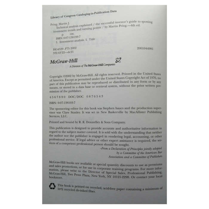 Technical Analysis Explained by Martin J. Pring 2002 Hardcover w/o Dustjacket