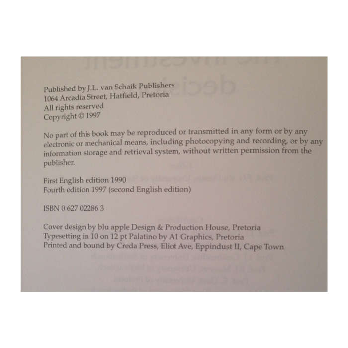 The Investment Decision by P. G. Du Plessis 1997 Softcover