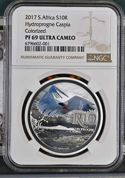 South Africa: Republic Hydroprogne Caspia (Caspian Tern) Colourized R10 (1oz Silver) of 2017 PF 69