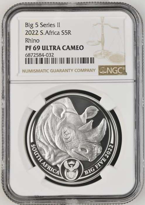 South Africa: Republic 1oz Silver R5 Big 5  Rhino of 2022 Proof 69 Ultra Cameo NGC