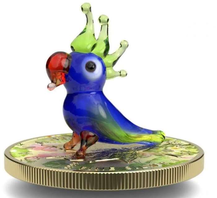 Murano Glass Series: Parrot Maple Leaf $5 (1oz) Canada Silver Coin of 2022 Colourised with Figurine
